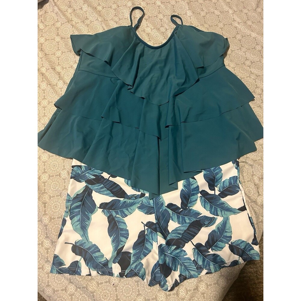 Tiered Ruffle Tankini Aqua Green With Bottom Shorts Size 4X